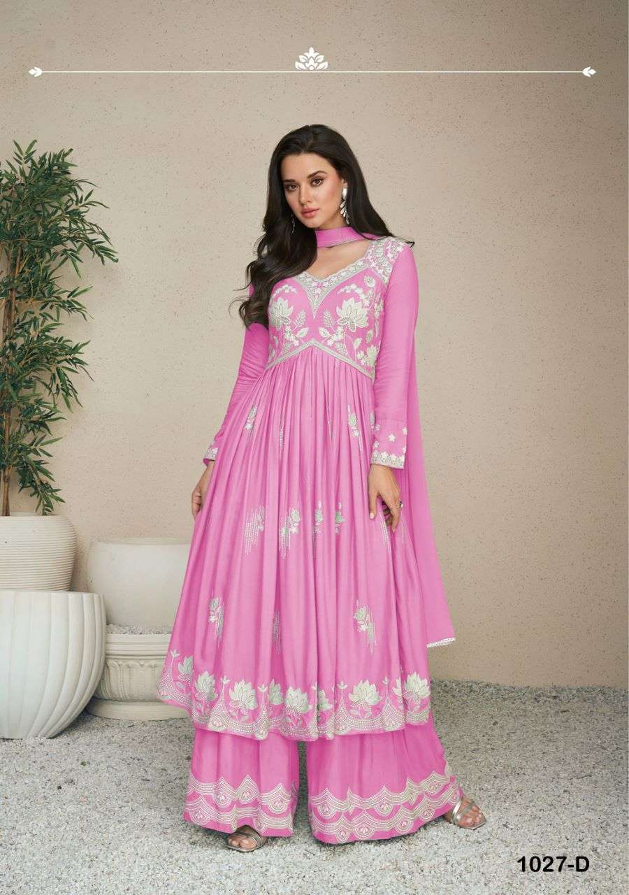 LAKHNAVI VOL 5 LIGHT COLOR HEAVY REYON LAKHNAQI WORK NAYRA CUT KURTI WITH PLAZZO AND NAZMIN DUPATTA BT VAMIKA BRAND 1004